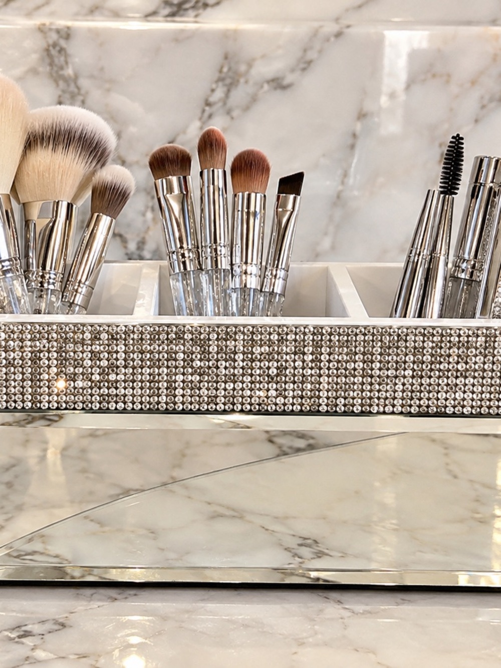 Silver Crystal Makeup Brush Set with Holder - Women Makeup